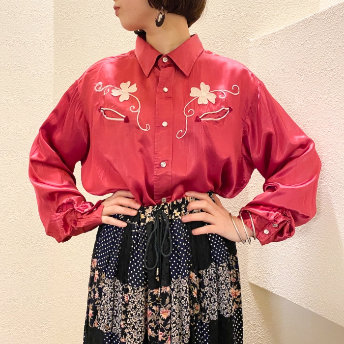 70s Satin western shirt / Pink